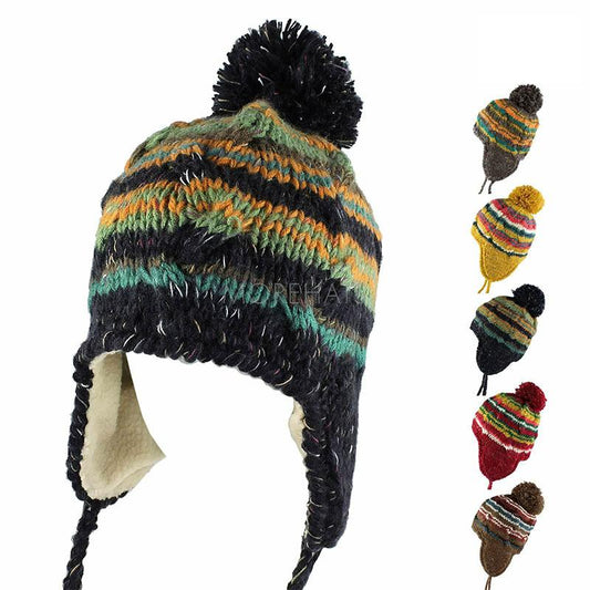 Women's Multi Stripe Knit Pom Pom Trapper Beanie Warm Winter Hat with String