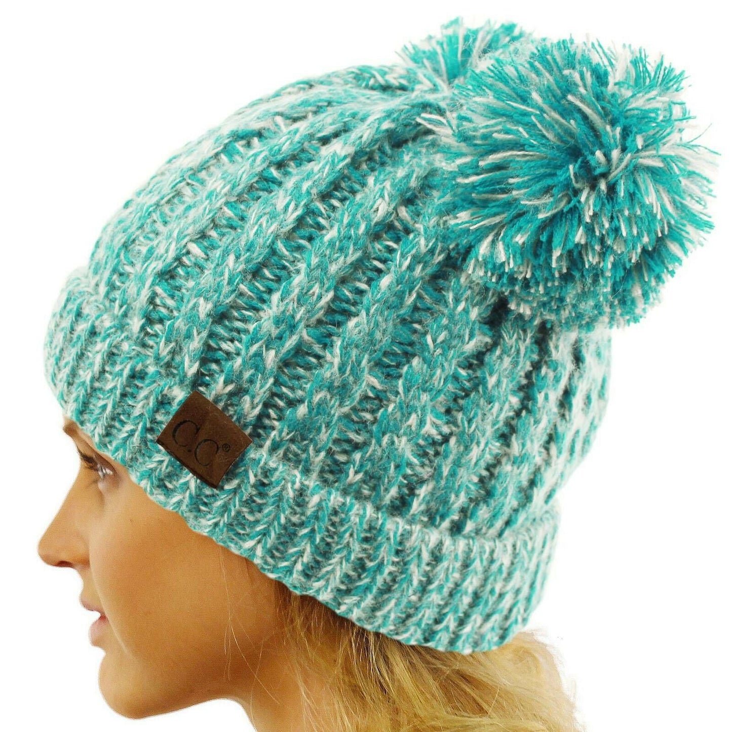 Winter Cute 2Pom Pom Ears 2tone Soft Warm Thick Chunky Knit Beanie Hat