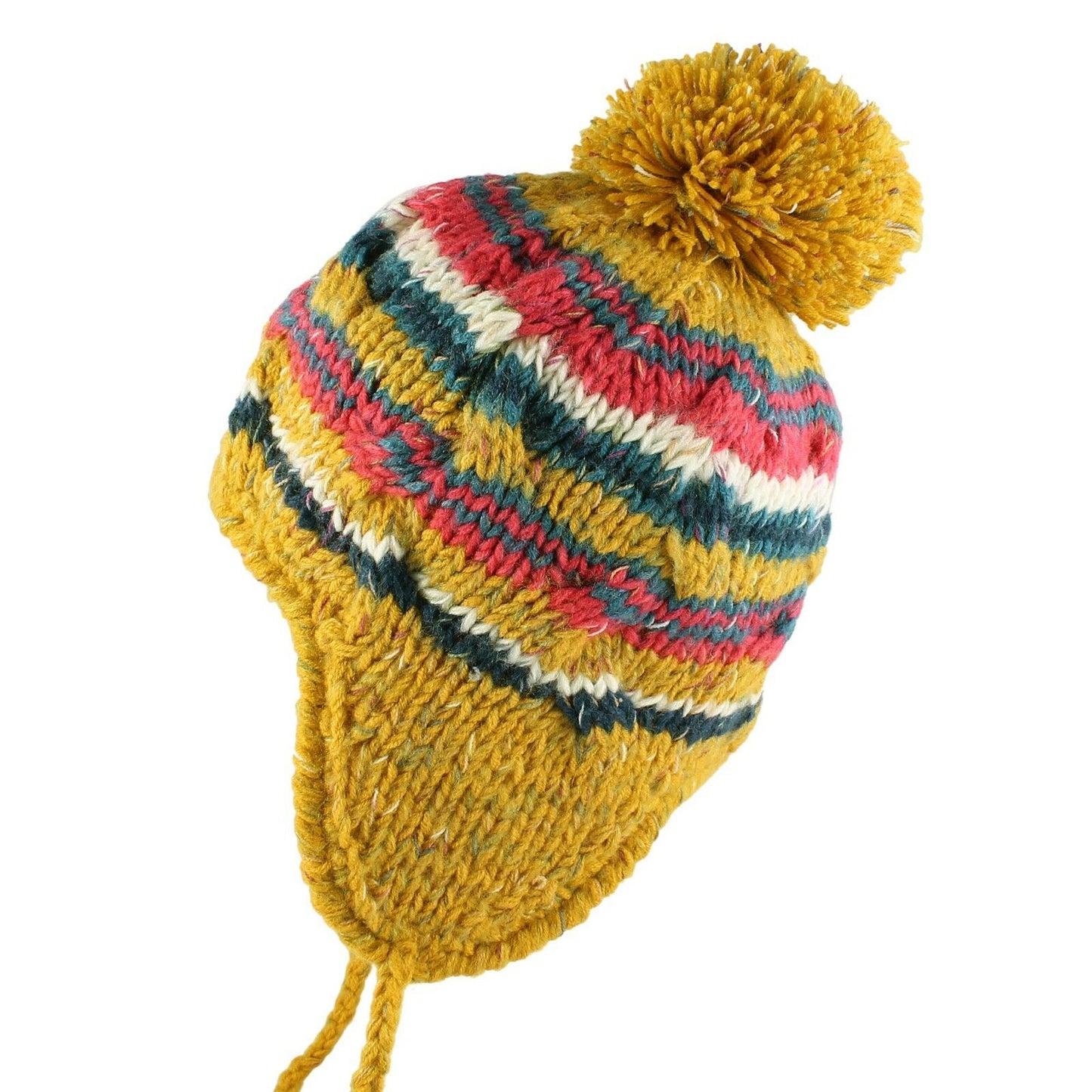 Women's Multi Stripe Knit Pom Pom Trapper Beanie Warm Winter Hat with String