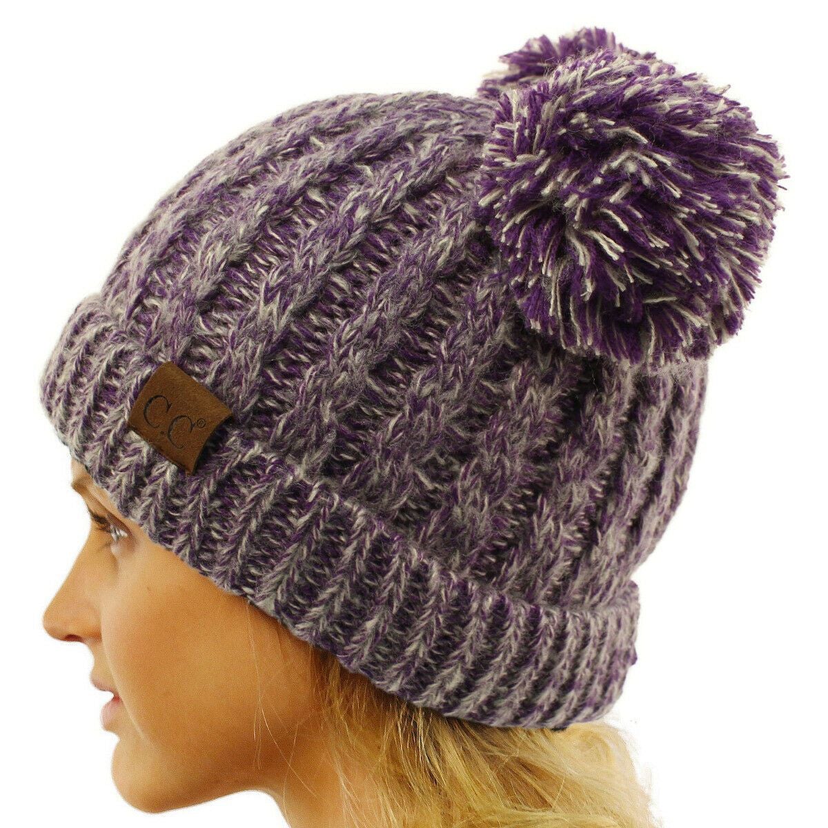 Winter Cute 2Pom Pom Ears 2tone Soft Warm Thick Chunky Knit Beanie Hat