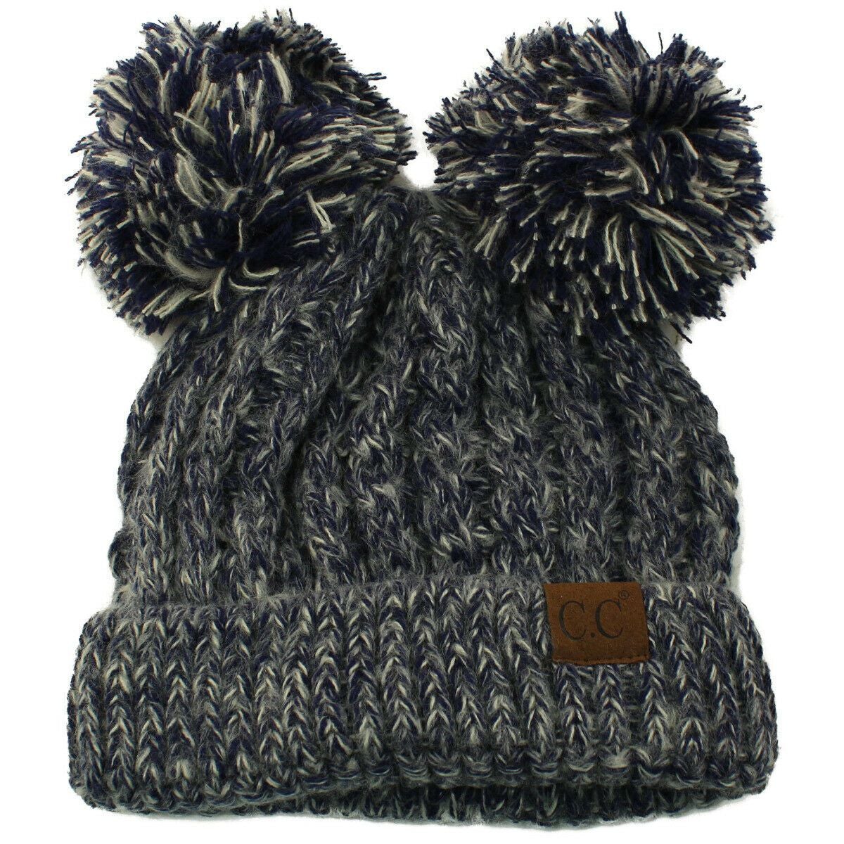 Winter Cute 2Pom Pom Ears 2tone Soft Warm Thick Chunky Knit Beanie Hat