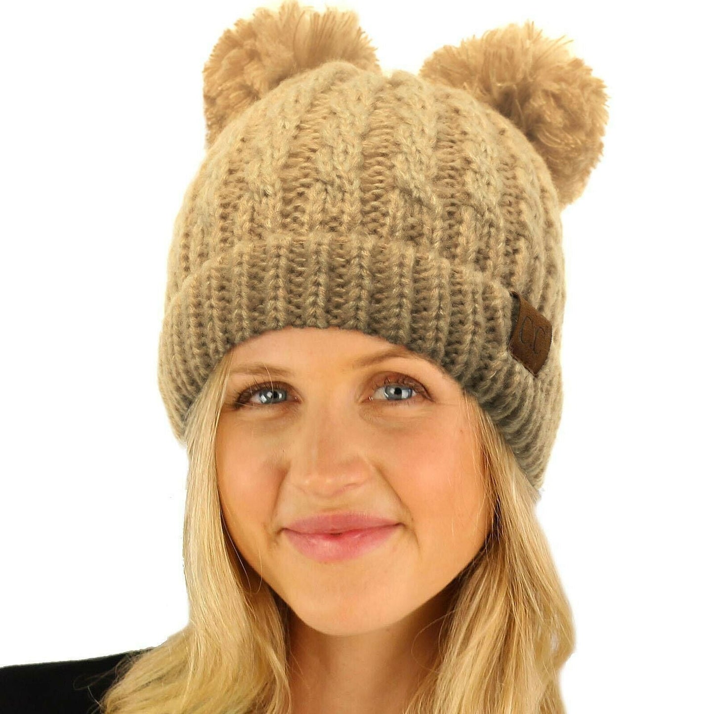 Winter Cute 2Pom Pom Ears 2tone Soft Warm Thick Chunky Knit Beanie Hat