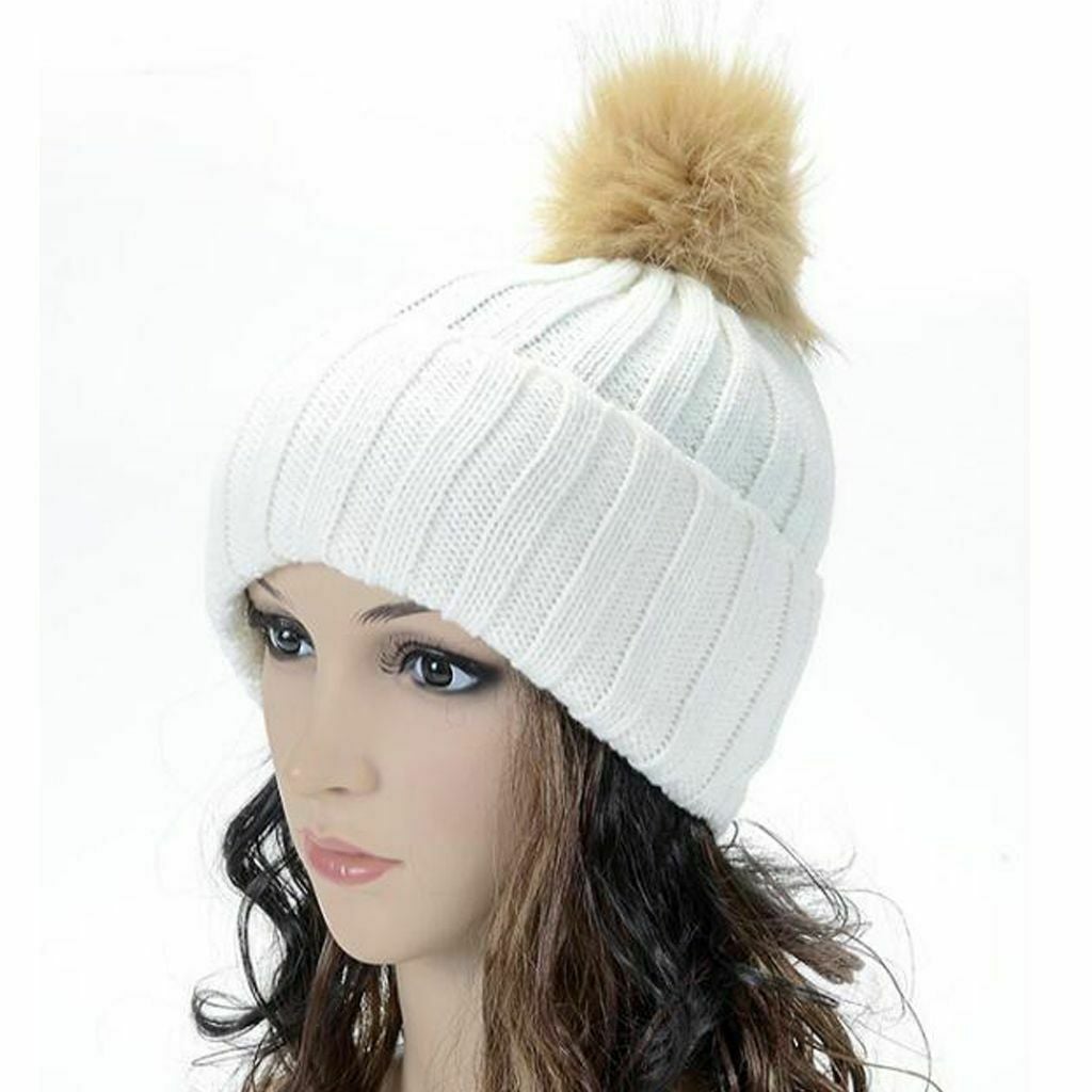 Women Kids Winter Beanie Hat Knitted Warm Faux Fur Pom Pom Bobble Ski Cap