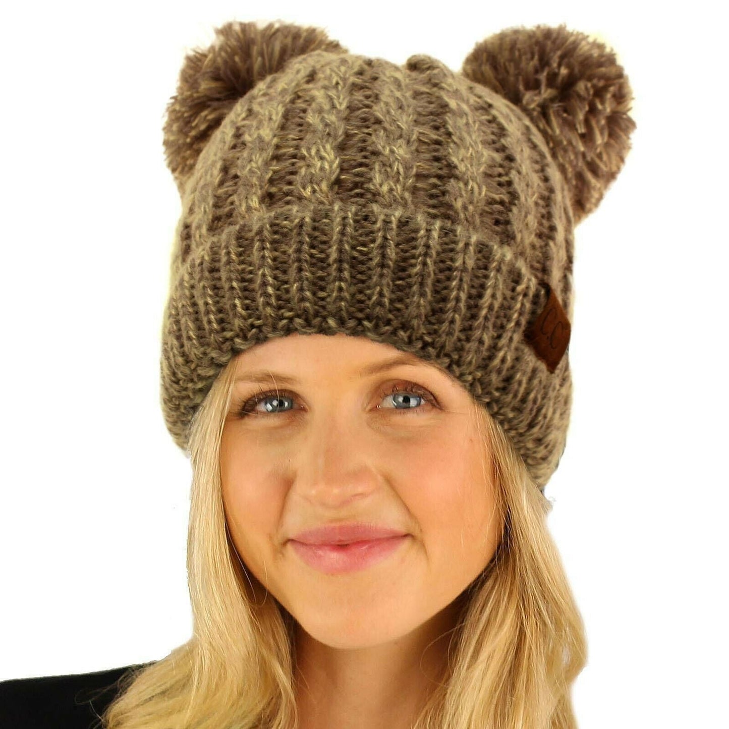 Winter Cute 2Pom Pom Ears 2tone Soft Warm Thick Chunky Knit Beanie Hat