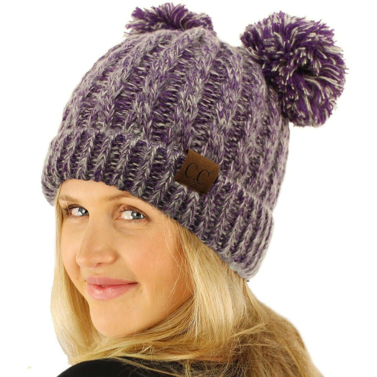 Winter Cute 2Pom Pom Ears 2tone Soft Warm Thick Chunky Knit Beanie Hat