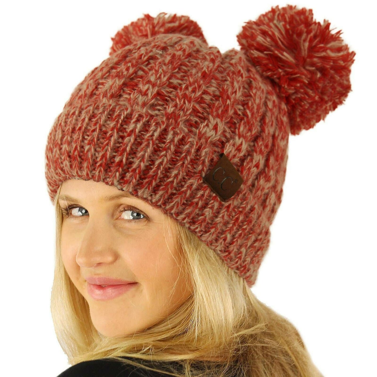Winter Cute 2Pom Pom Ears 2tone Soft Warm Thick Chunky Knit Beanie Hat