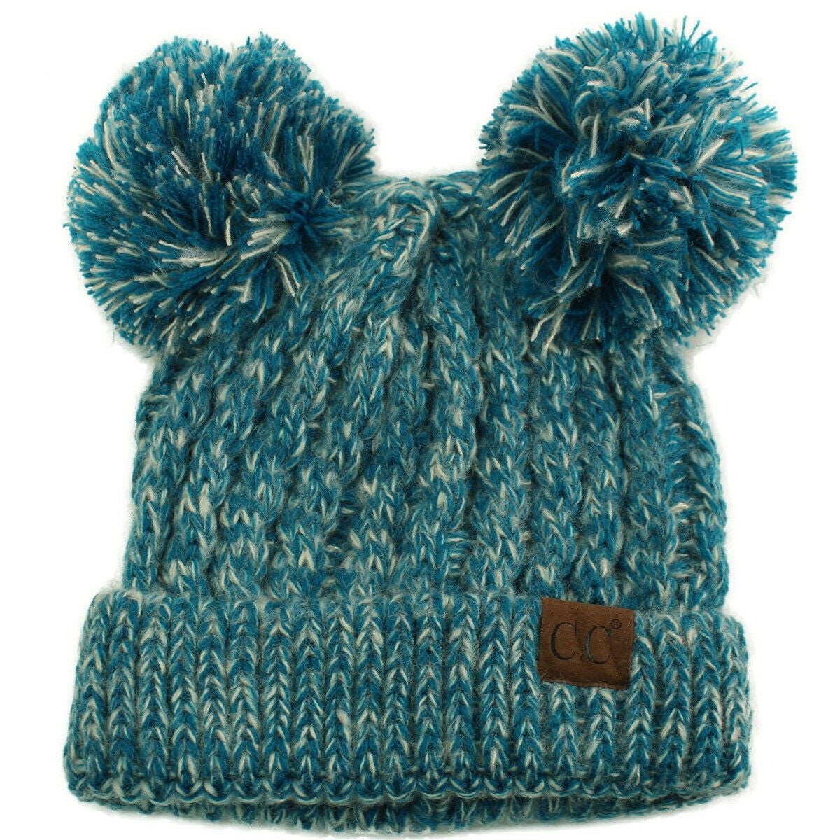 Winter Cute 2Pom Pom Ears 2tone Soft Warm Thick Chunky Knit Beanie Hat