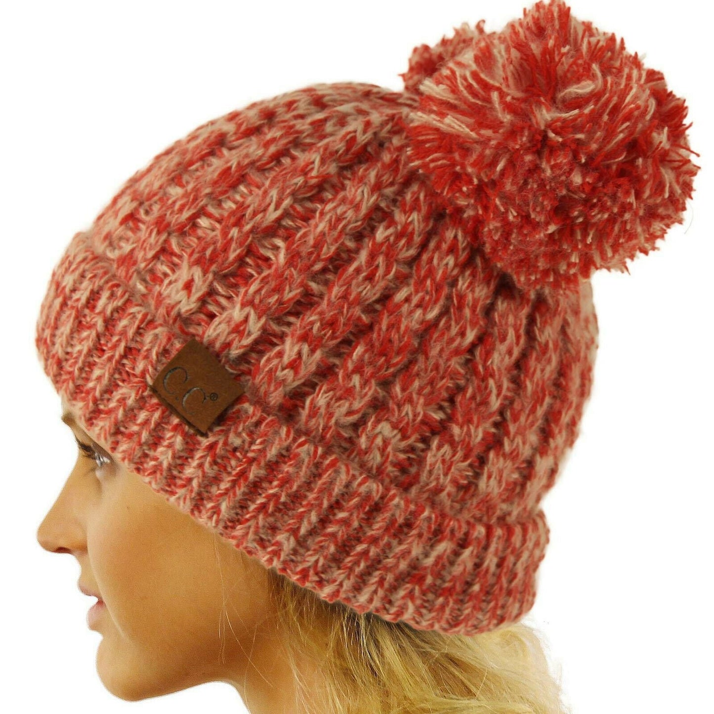 Winter Cute 2Pom Pom Ears 2tone Soft Warm Thick Chunky Knit Beanie Hat