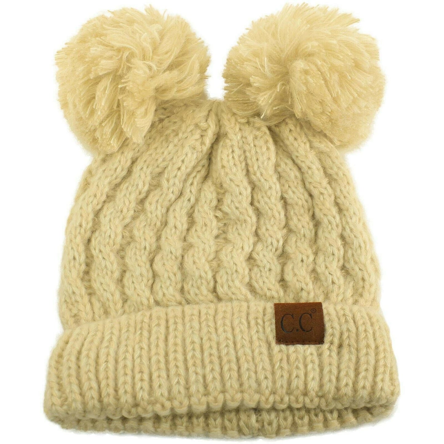 Winter Cute 2Pom Pom Ears 2tone Soft Warm Thick Chunky Knit Beanie Hat