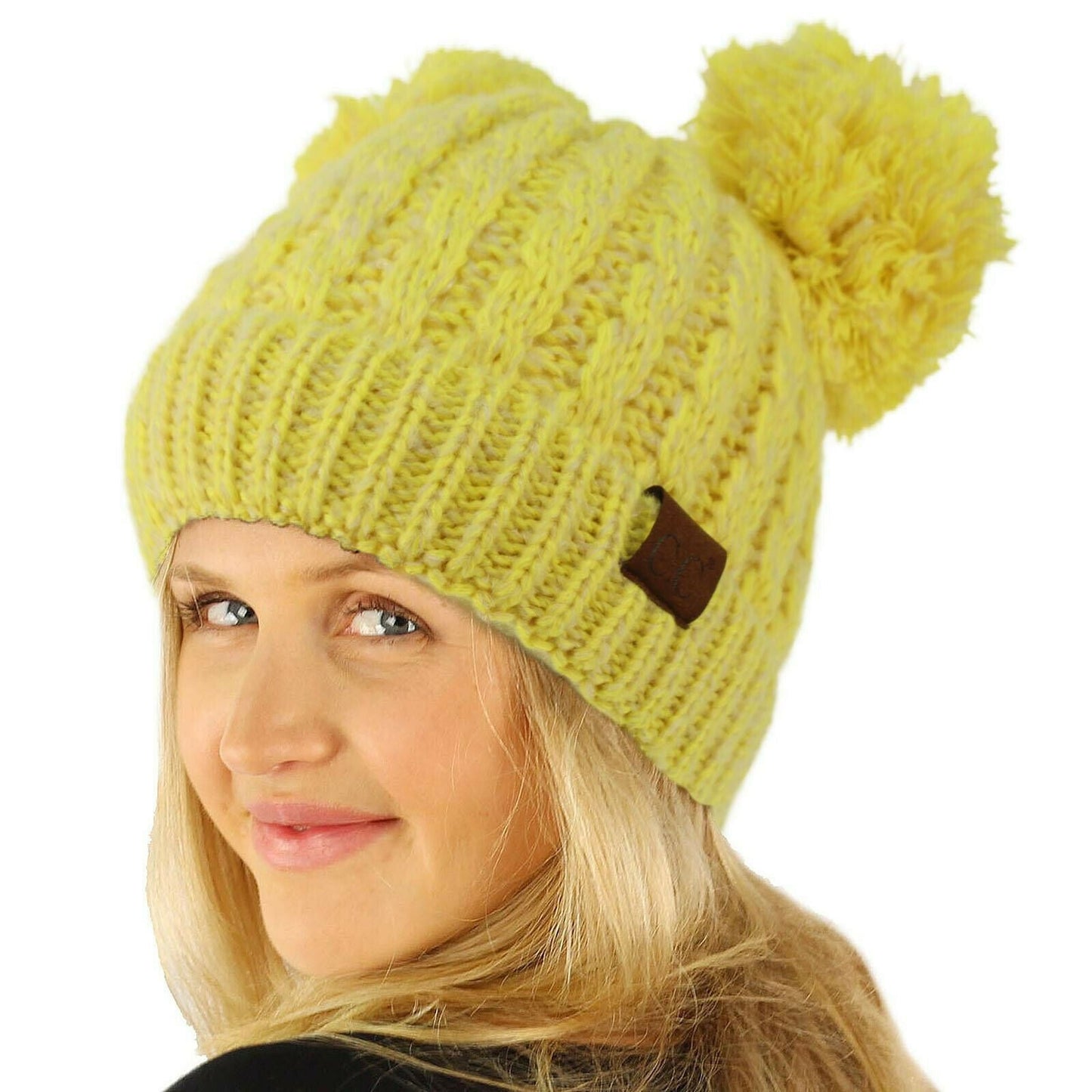 Winter Cute 2Pom Pom Ears 2tone Soft Warm Thick Chunky Knit Beanie Hat