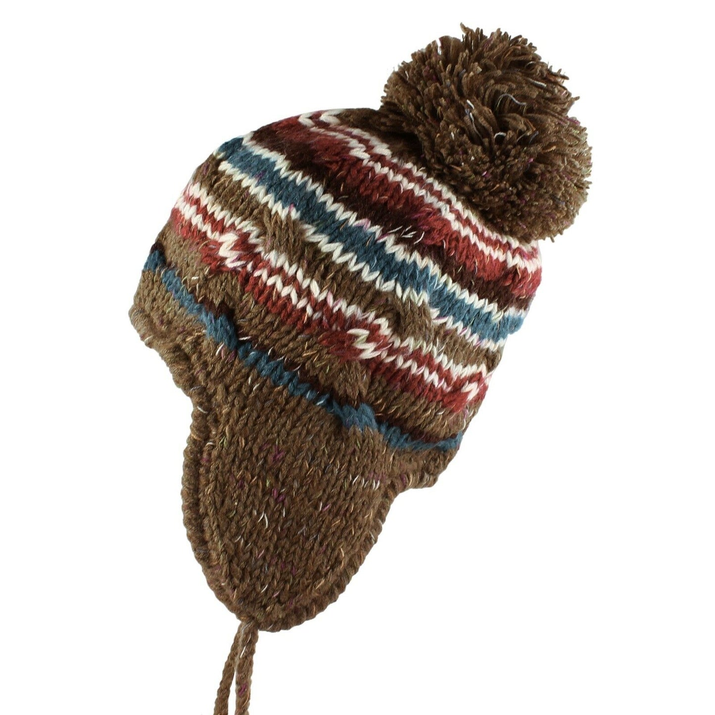Women's Multi Stripe Knit Pom Pom Trapper Beanie Warm Winter Hat with String