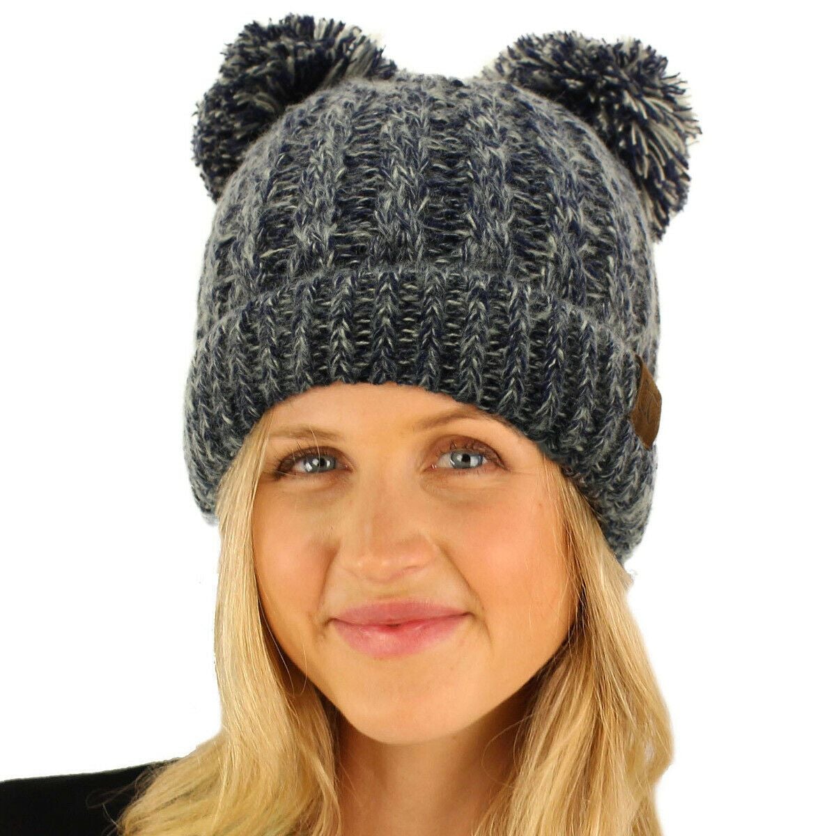 Winter Cute 2Pom Pom Ears 2tone Soft Warm Thick Chunky Knit Beanie Hat