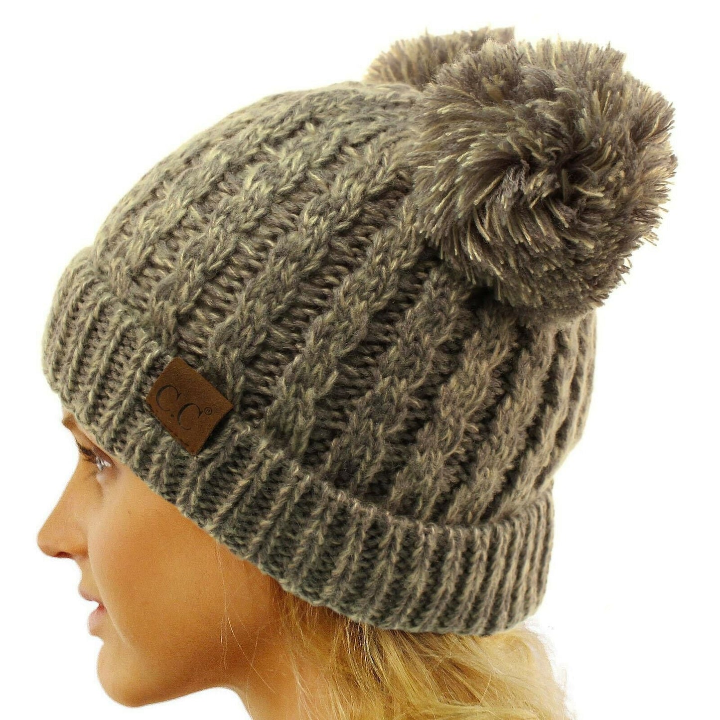 Winter Cute 2Pom Pom Ears 2tone Soft Warm Thick Chunky Knit Beanie Hat
