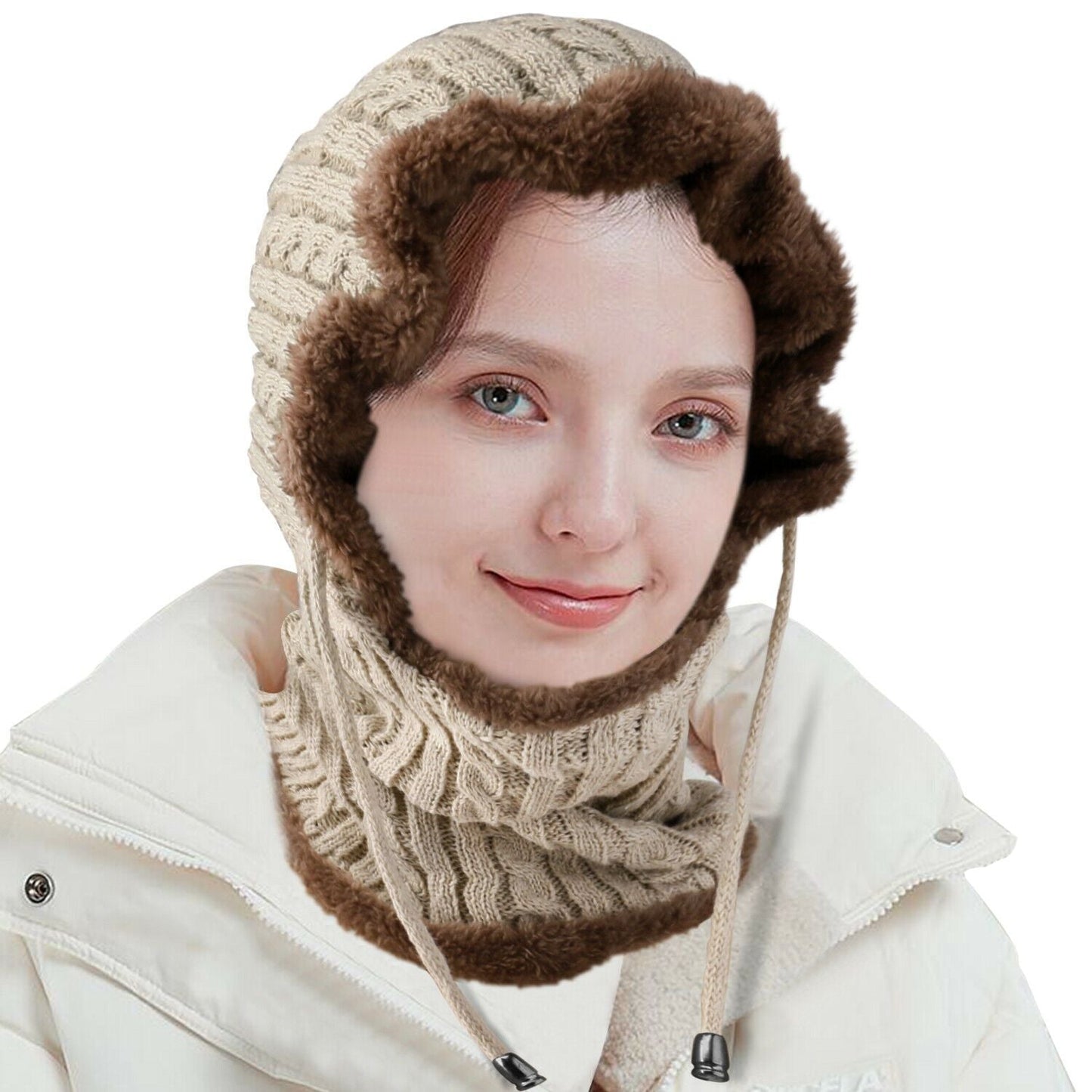Women Men Winter Knit Beanie Hat Scarf Slouch Neck Warm Fleece Lined Skull Cap