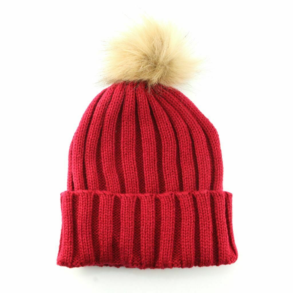 Women Kids Winter Beanie Hat Knitted Warm Faux Fur Pom Pom Bobble Ski Cap