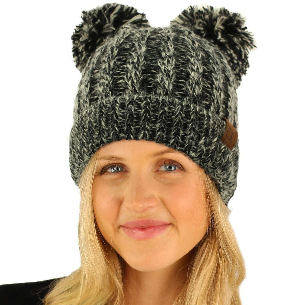 Winter Cute 2Pom Pom Ears 2tone Soft Warm Thick Chunky Knit Beanie Hat