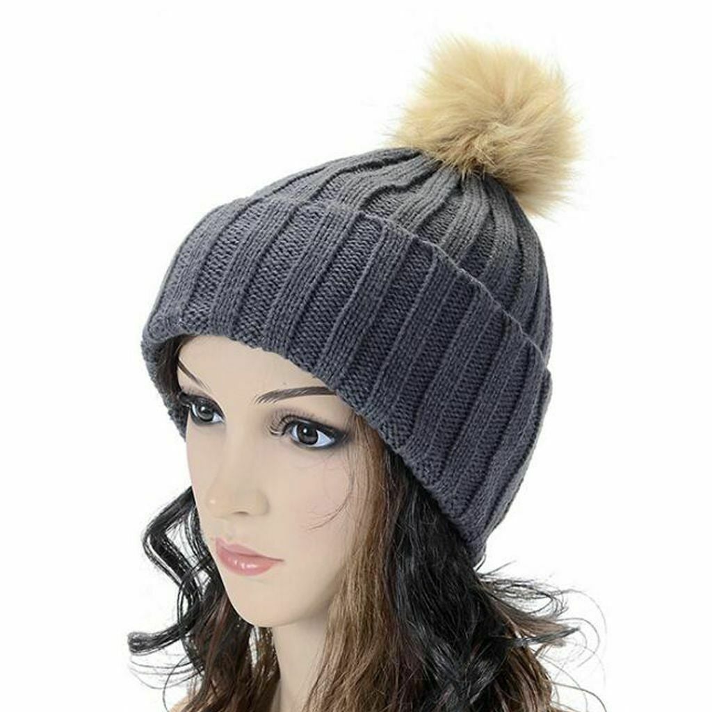 Women Kids Winter Beanie Hat Knitted Warm Faux Fur Pom Pom Bobble Ski Cap