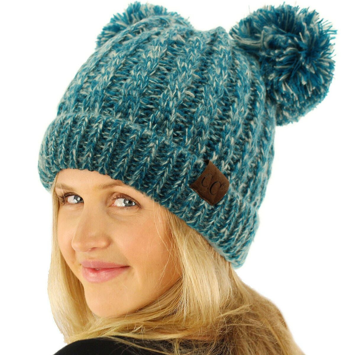 Winter Cute 2Pom Pom Ears 2tone Soft Warm Thick Chunky Knit Beanie Hat