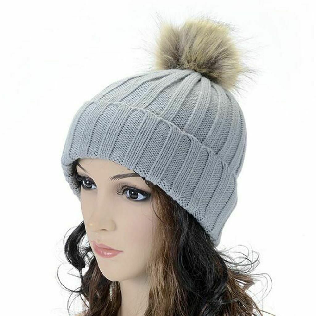 Women Kids Winter Beanie Hat Knitted Warm Faux Fur Pom Pom Bobble Ski Cap