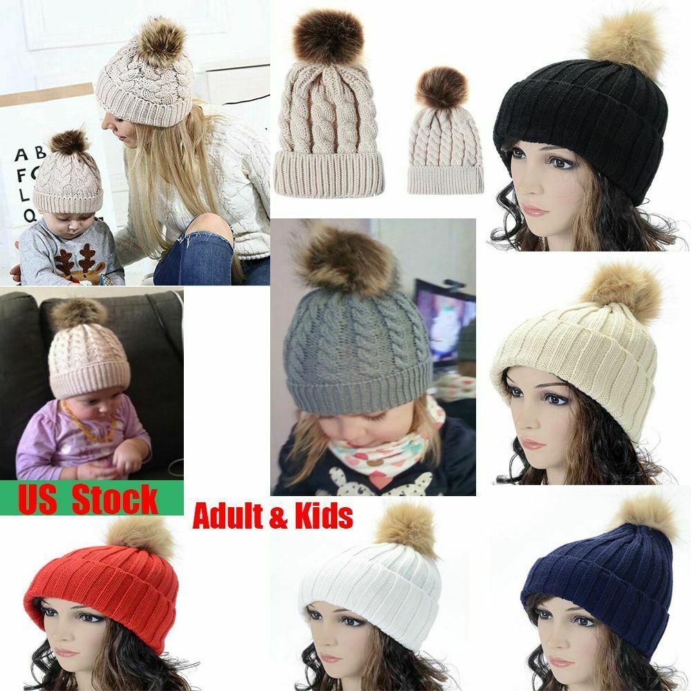Women Kids Winter Beanie Hat Knitted Warm Faux Fur Pom Pom Bobble Ski Cap