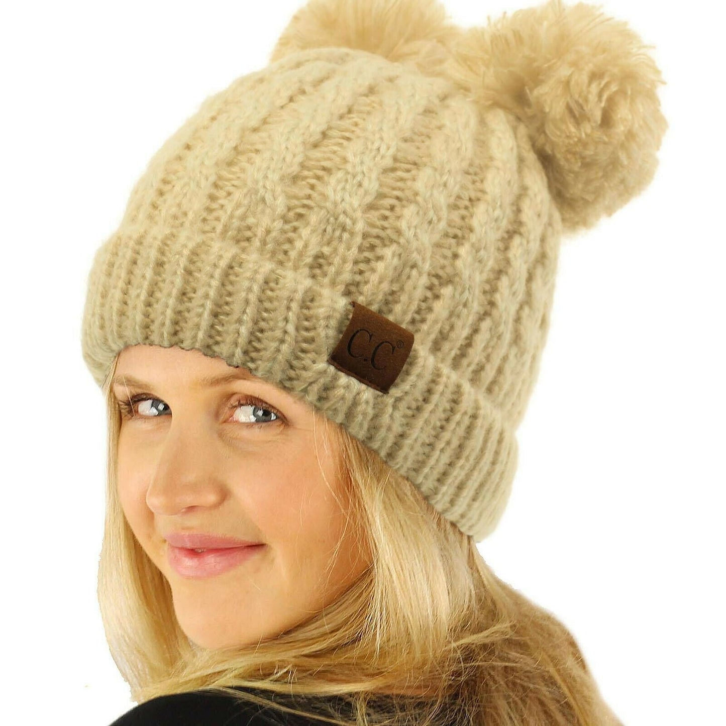 Winter Cute 2Pom Pom Ears 2tone Soft Warm Thick Chunky Knit Beanie Hat