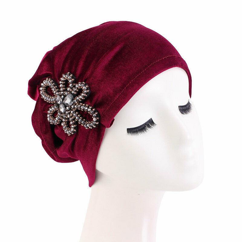 Women Winter Velvet Baggy Beanie Oversize Rhinestone Hat Ski Slouchy Cap