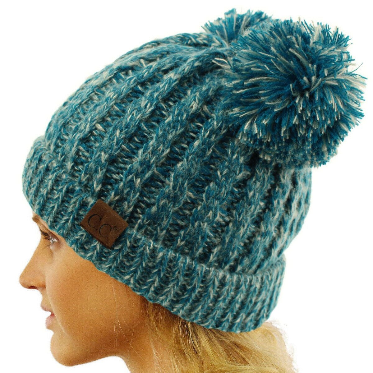 Winter Cute 2Pom Pom Ears 2tone Soft Warm Thick Chunky Knit Beanie Hat