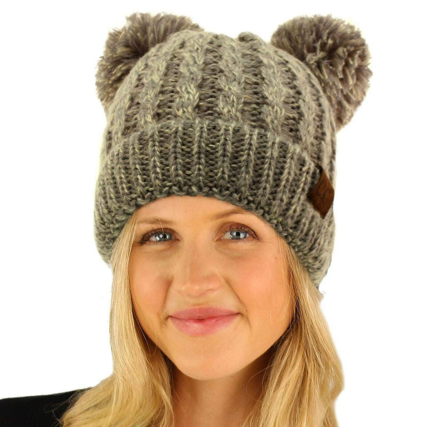 Winter Cute 2Pom Pom Ears 2tone Soft Warm Thick Chunky Knit Beanie Hat