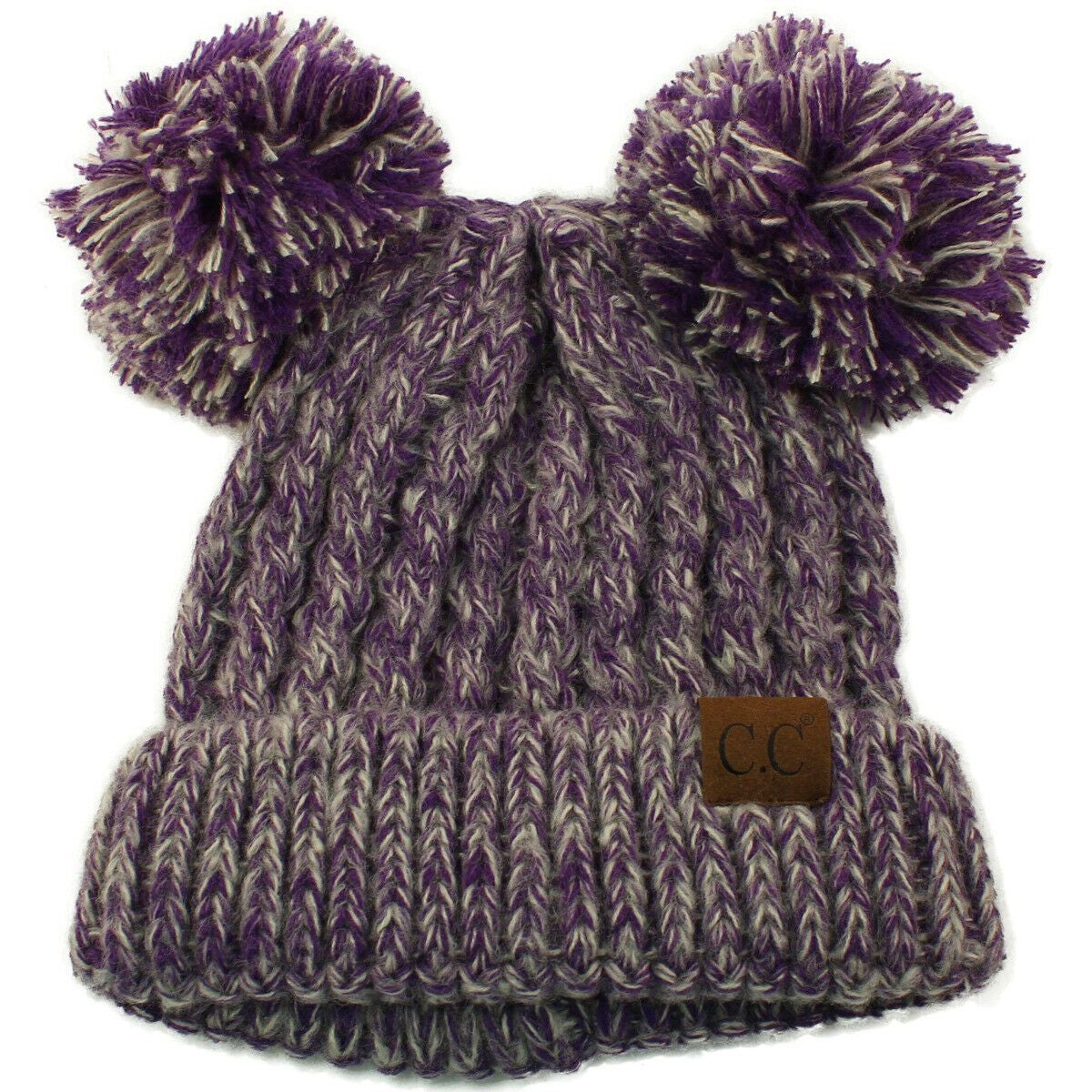 Winter Cute 2Pom Pom Ears 2tone Soft Warm Thick Chunky Knit Beanie Hat
