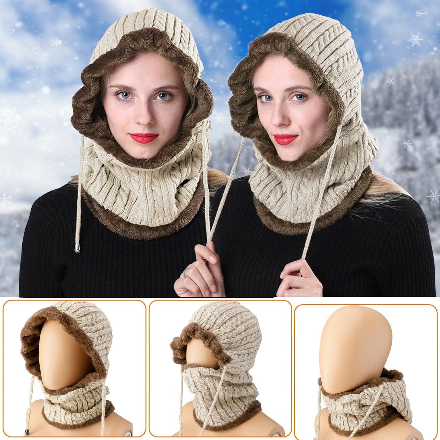 Women Men Winter Knit Beanie Hat Scarf Slouch Neck Warm Fleece Lined Skull Cap