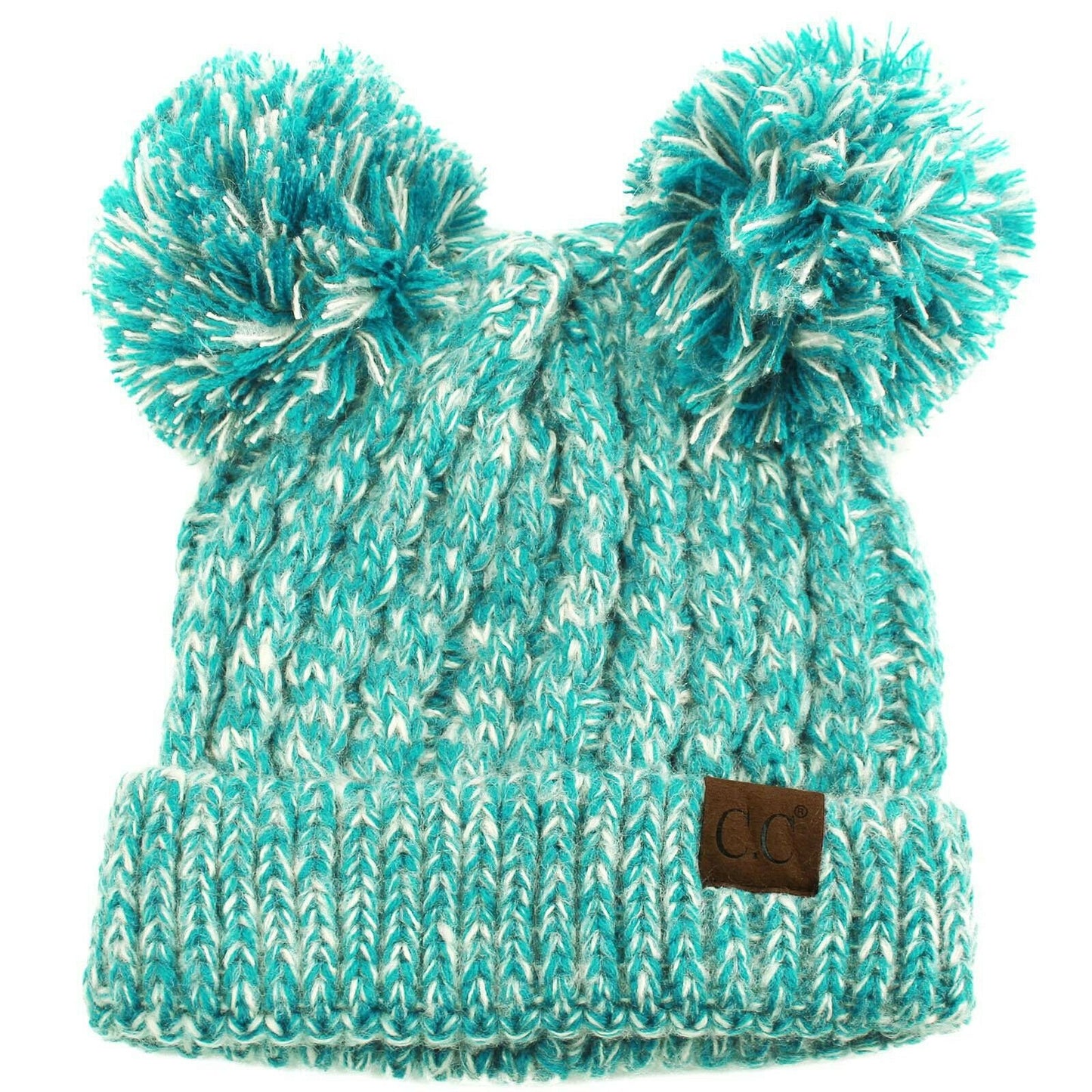 Winter Cute 2Pom Pom Ears 2tone Soft Warm Thick Chunky Knit Beanie Hat