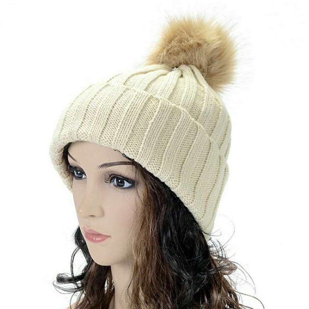 Women Kids Winter Beanie Hat Knitted Warm Faux Fur Pom Pom Bobble Ski Cap