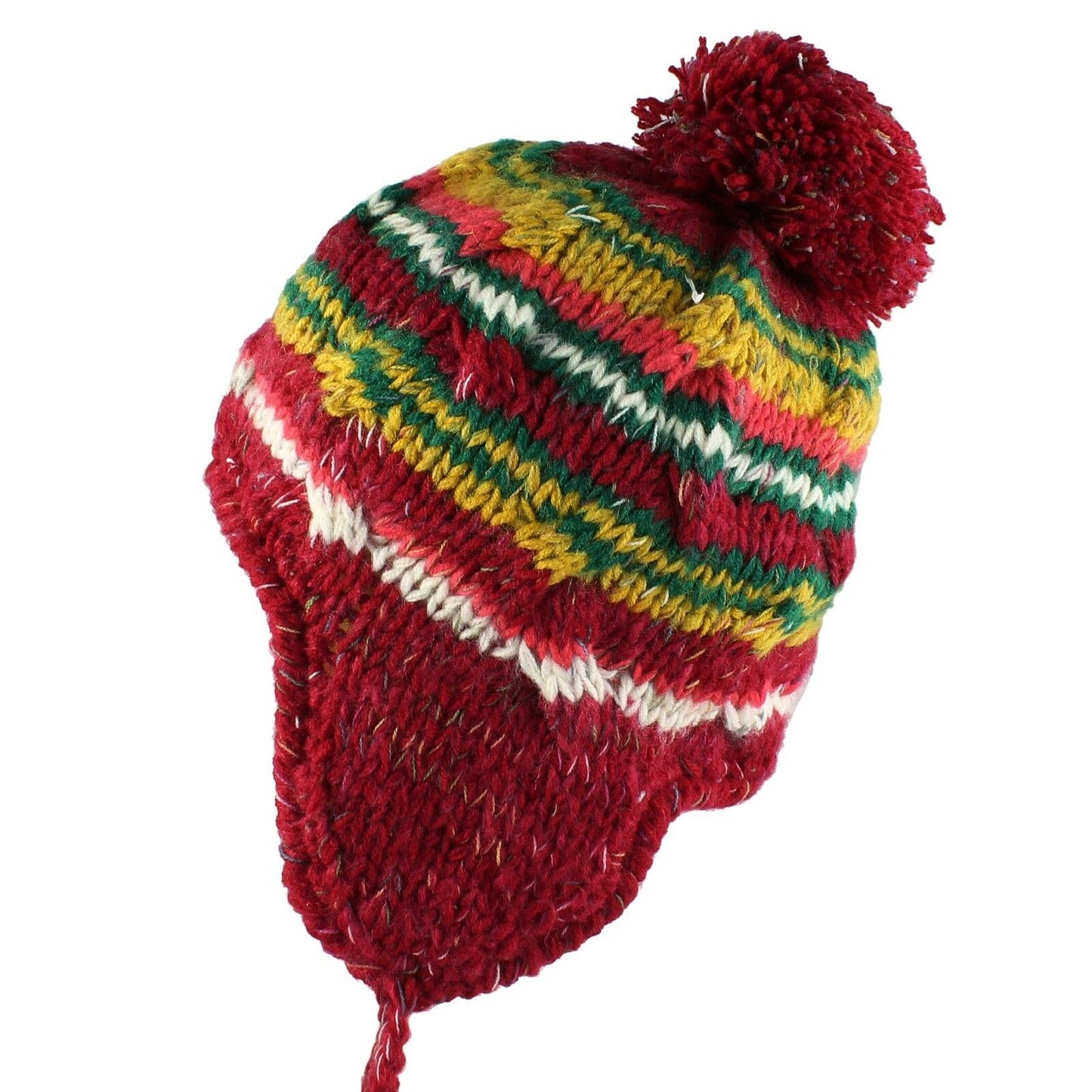 Women's Multi Stripe Knit Pom Pom Trapper Beanie Warm Winter Hat with String