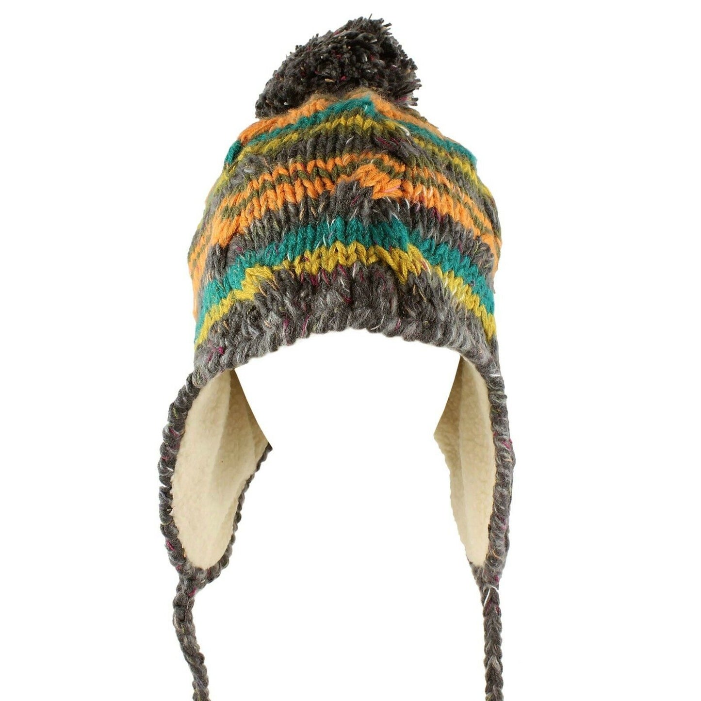Women's Multi Stripe Knit Pom Pom Trapper Beanie Warm Winter Hat with String