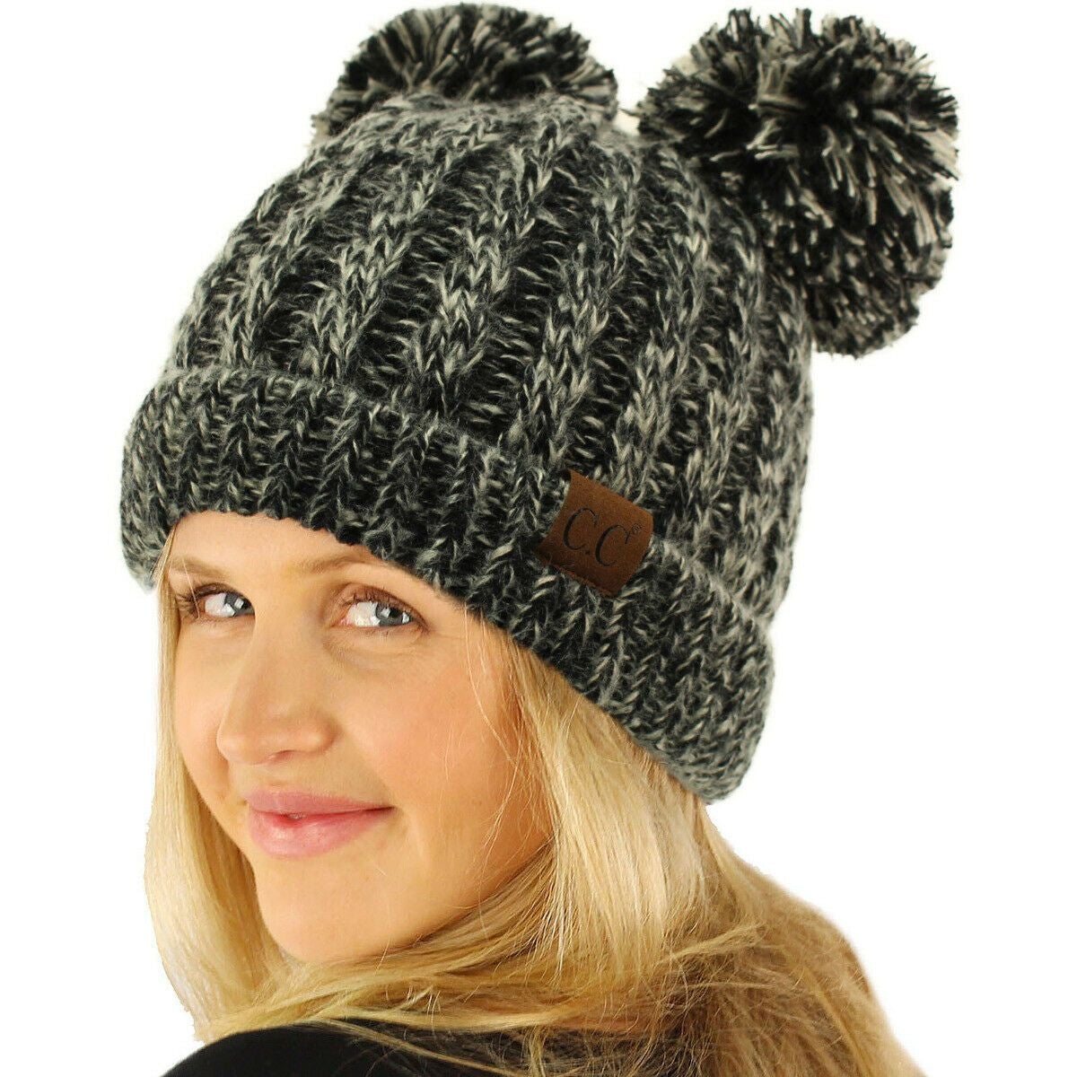 Winter Cute 2Pom Pom Ears 2tone Soft Warm Thick Chunky Knit Beanie Hat