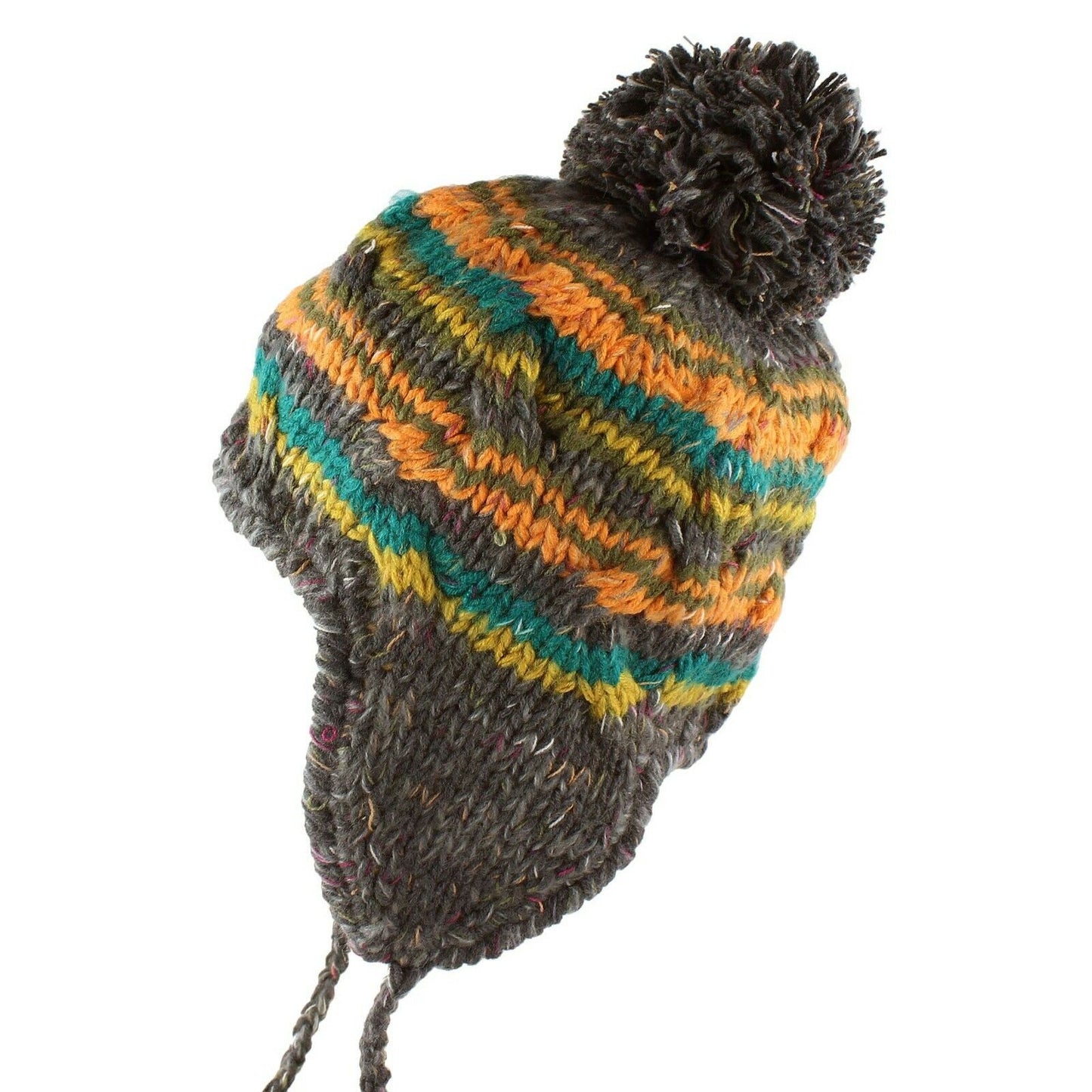 Women's Multi Stripe Knit Pom Pom Trapper Beanie Warm Winter Hat with String