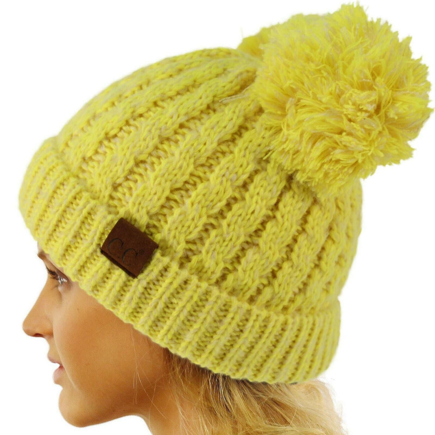 Winter Cute 2Pom Pom Ears 2tone Soft Warm Thick Chunky Knit Beanie Hat