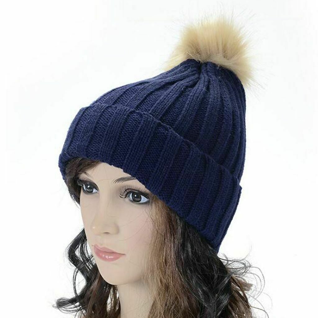 Women Kids Winter Beanie Hat Knitted Warm Faux Fur Pom Pom Bobble Ski Cap