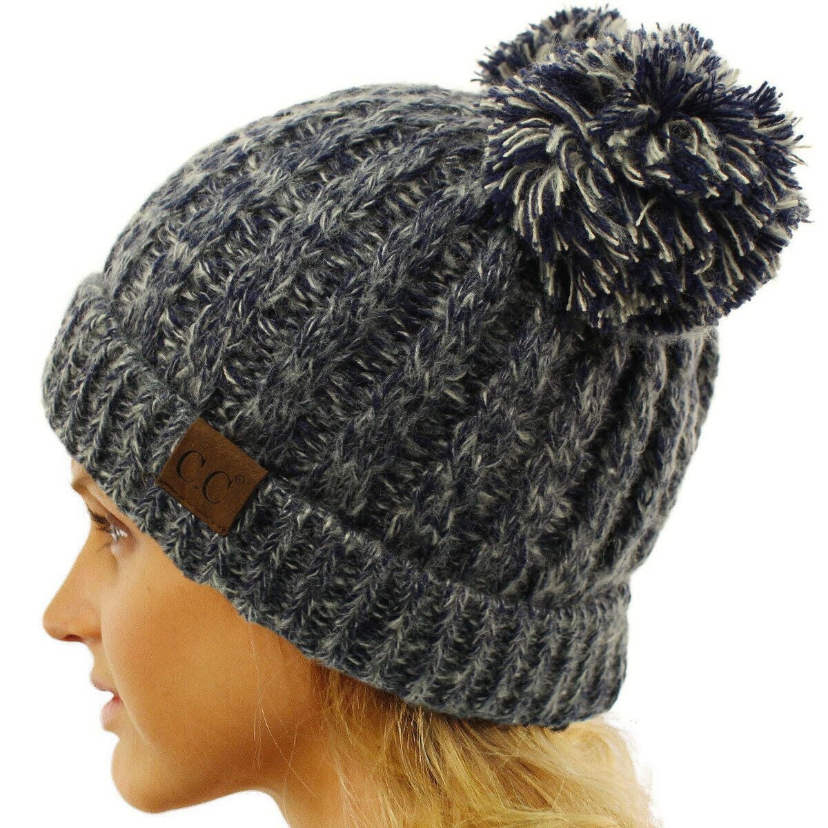 Winter Cute 2Pom Pom Ears 2tone Soft Warm Thick Chunky Knit Beanie Hat