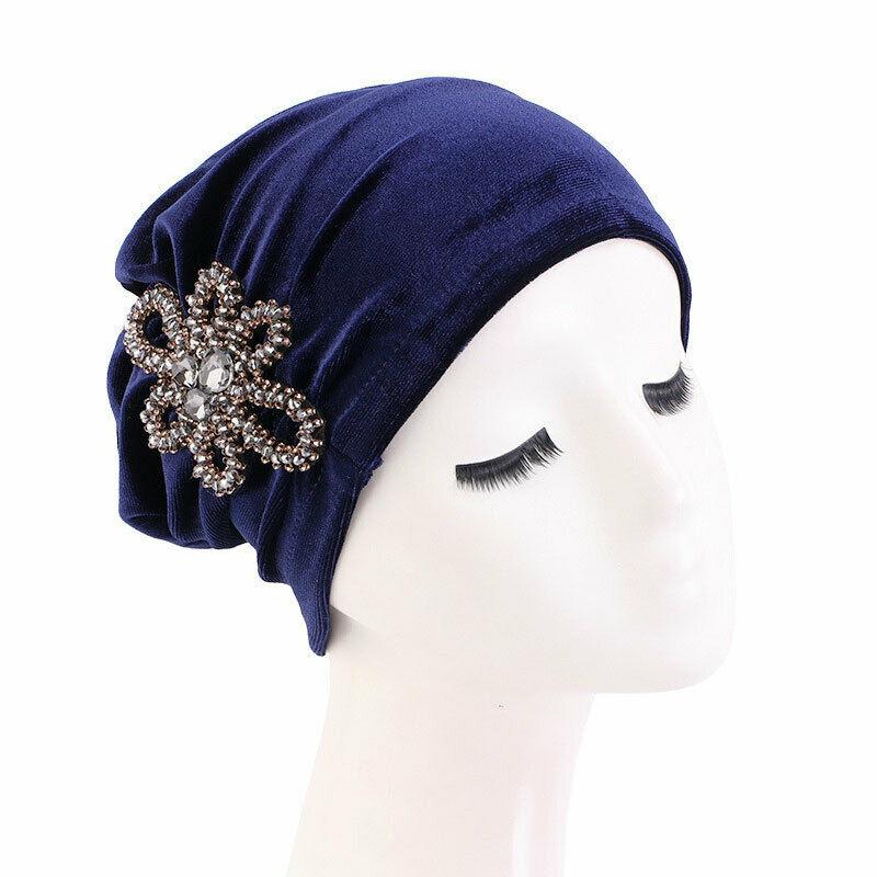 Women Winter Velvet Baggy Beanie Oversize Rhinestone Hat Ski Slouchy Cap