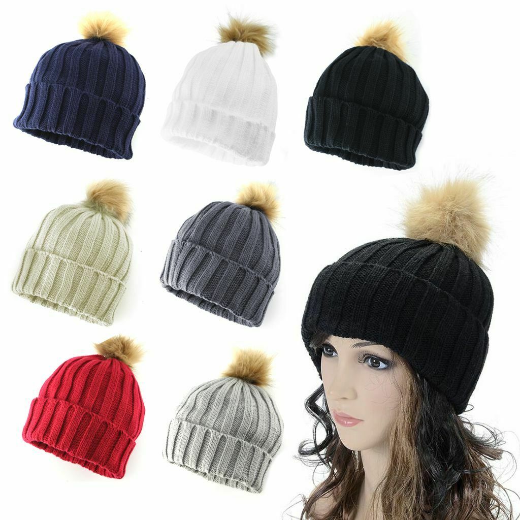 Women Kids Winter Beanie Hat Knitted Warm Faux Fur Pom Pom Bobble Ski Cap