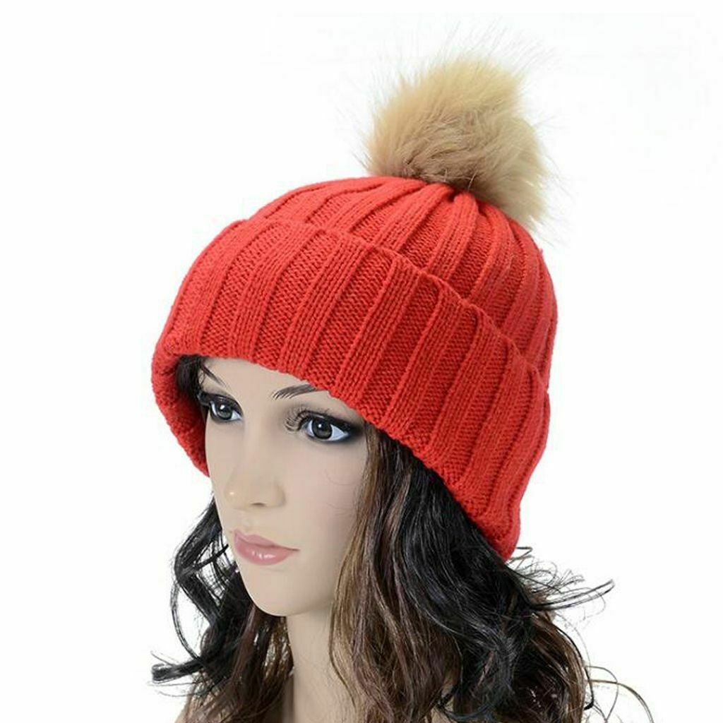Women Kids Winter Beanie Hat Knitted Warm Faux Fur Pom Pom Bobble Ski Cap