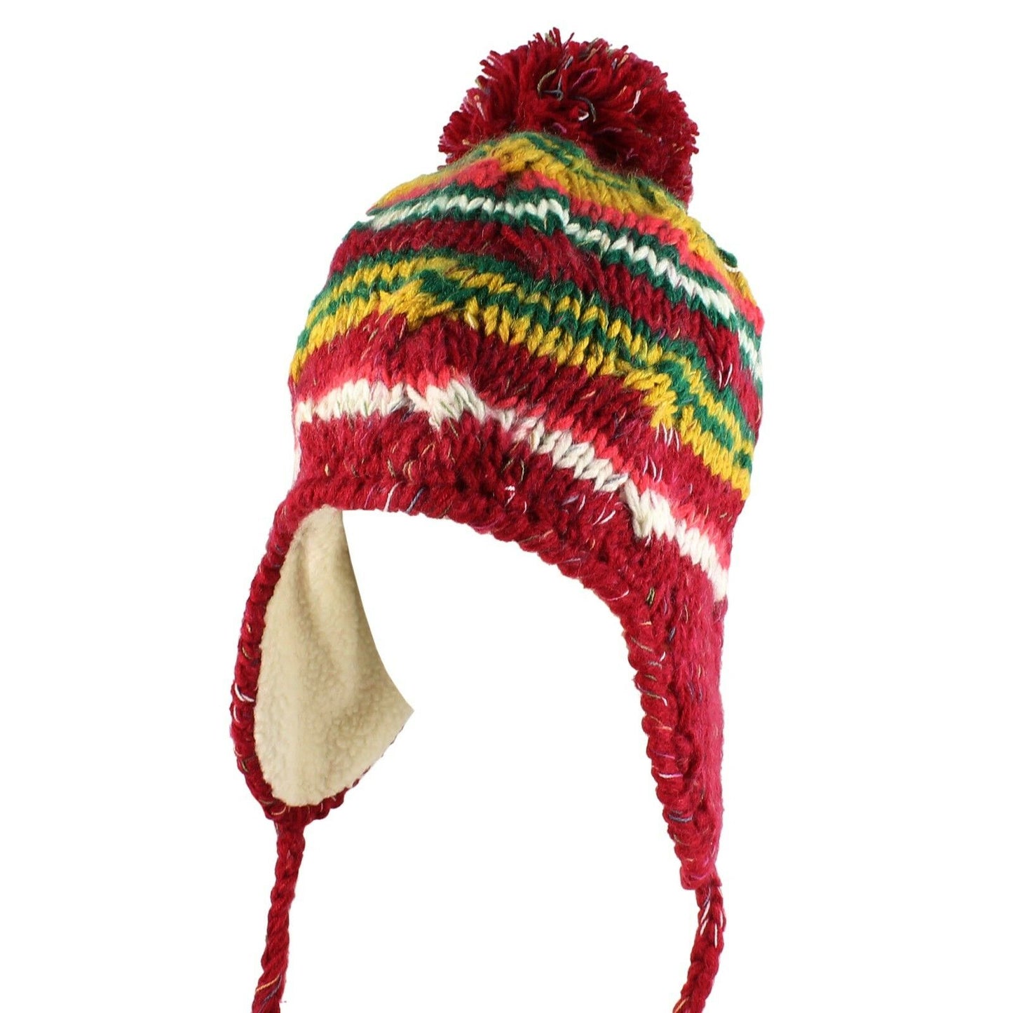 Women's Multi Stripe Knit Pom Pom Trapper Beanie Warm Winter Hat with String