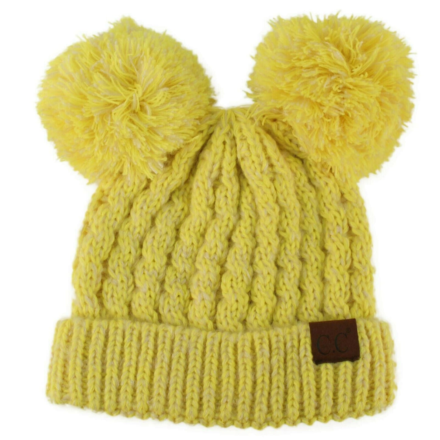 Winter Cute 2Pom Pom Ears 2tone Soft Warm Thick Chunky Knit Beanie Hat