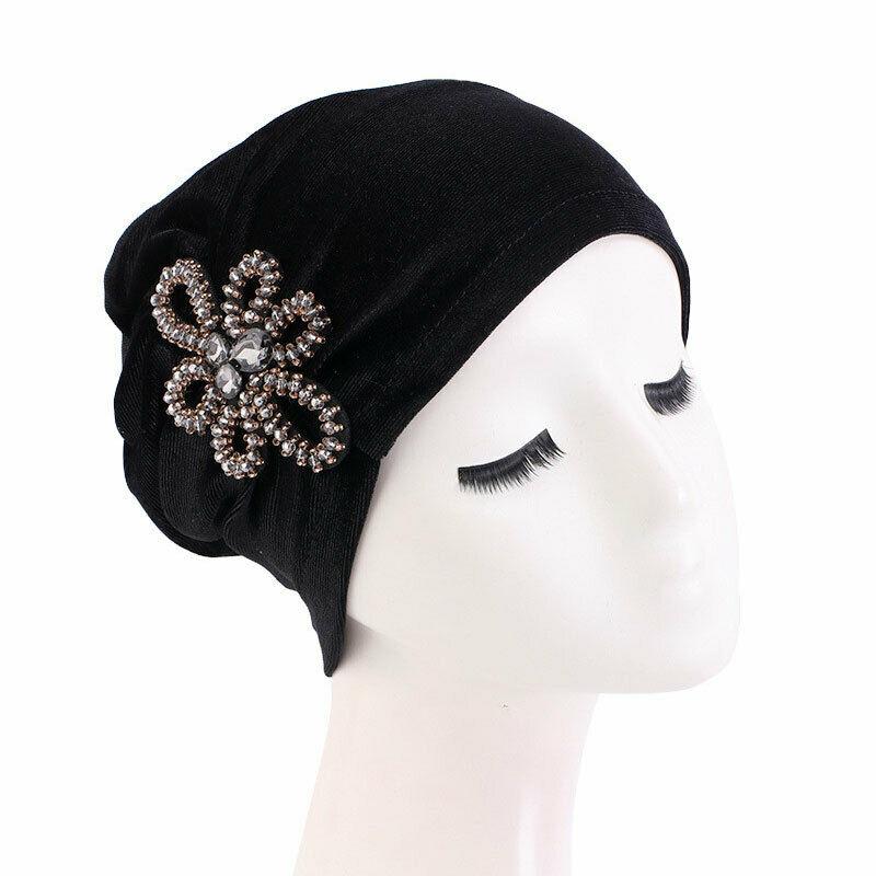 Women Winter Velvet Baggy Beanie Oversize Rhinestone Hat Ski Slouchy Cap
