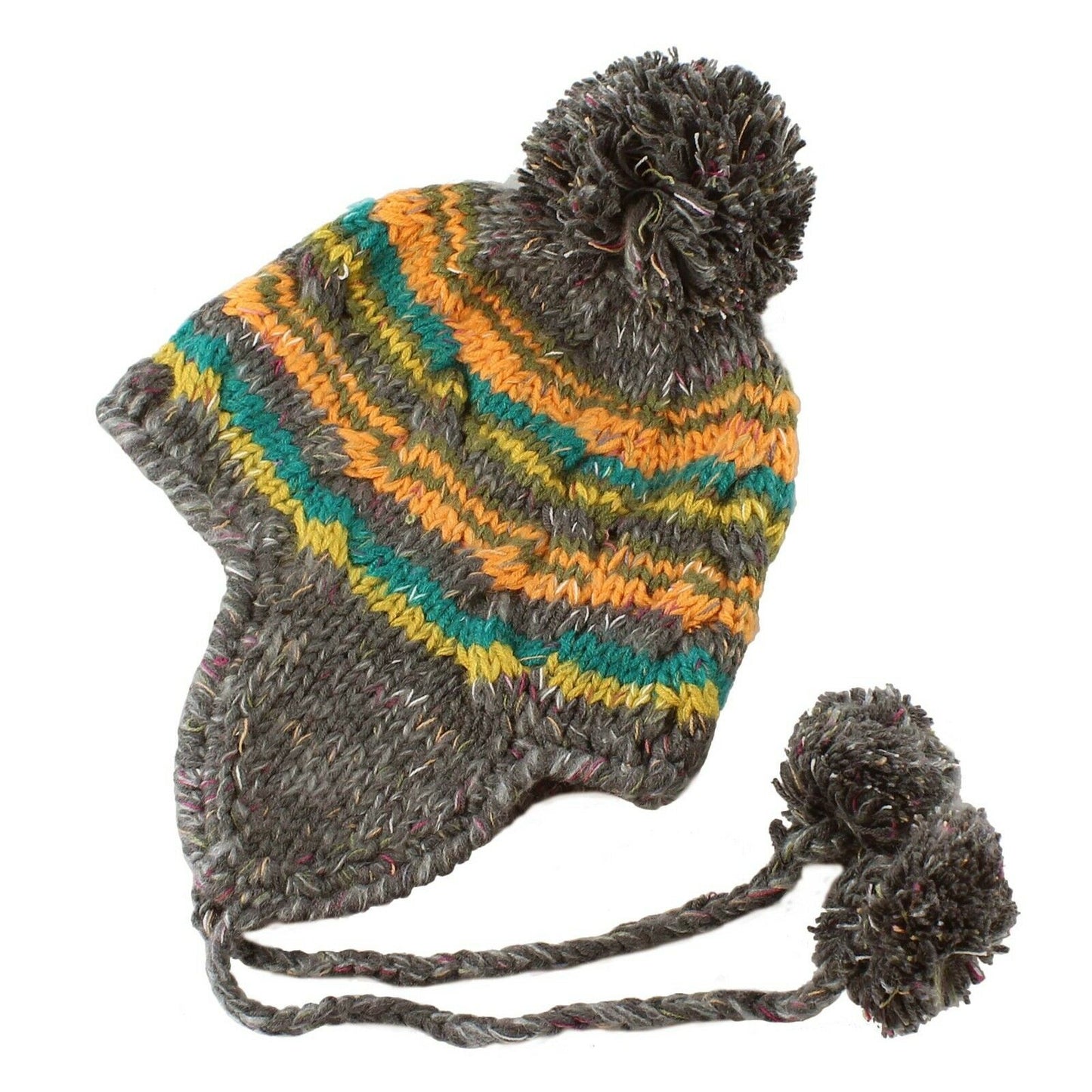 Women's Multi Stripe Knit Pom Pom Trapper Beanie Warm Winter Hat with String