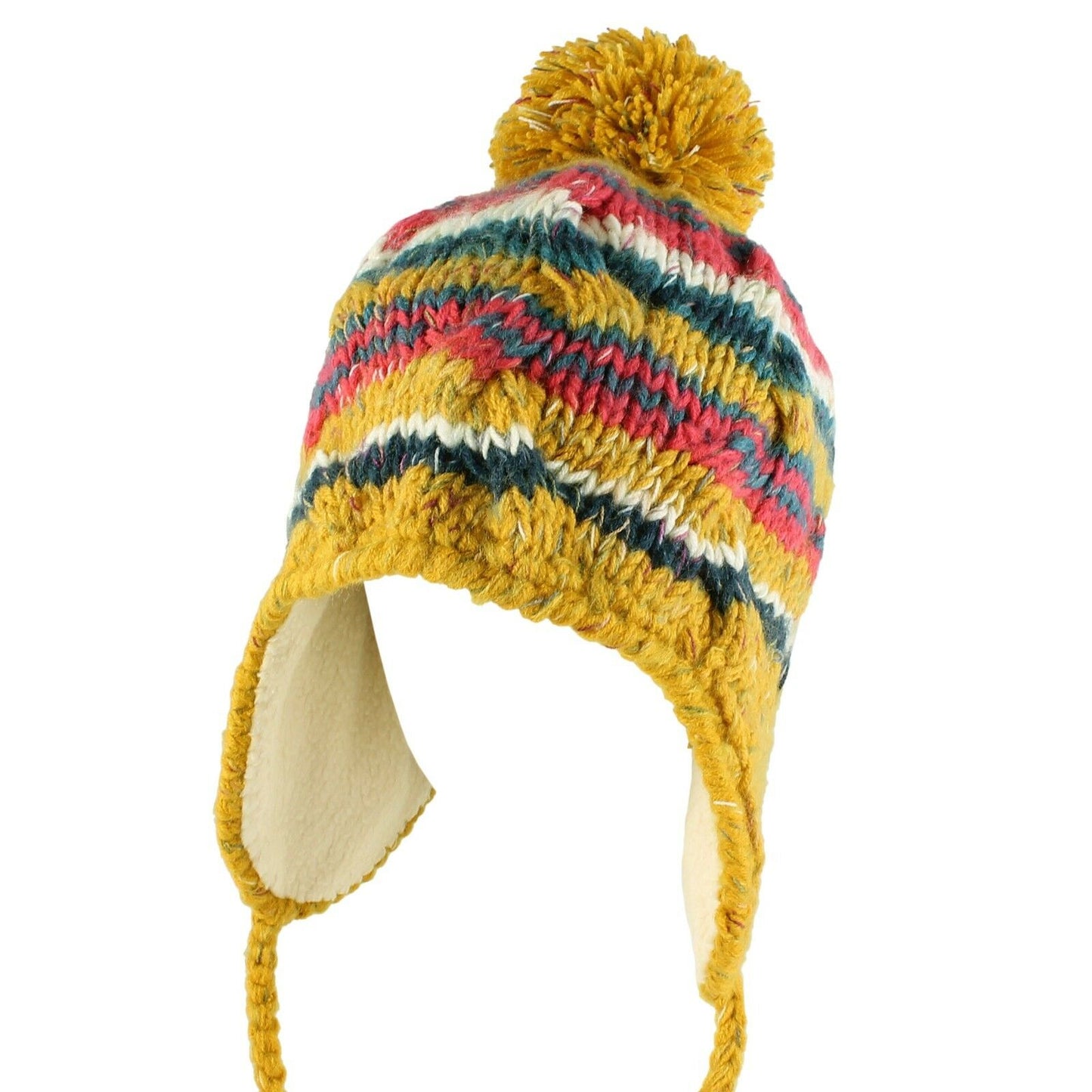 Women's Multi Stripe Knit Pom Pom Trapper Beanie Warm Winter Hat with String