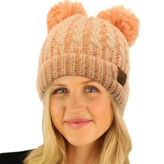 Winter Cute 2Pom Pom Ears 2tone Soft Warm Thick Chunky Knit Beanie Hat