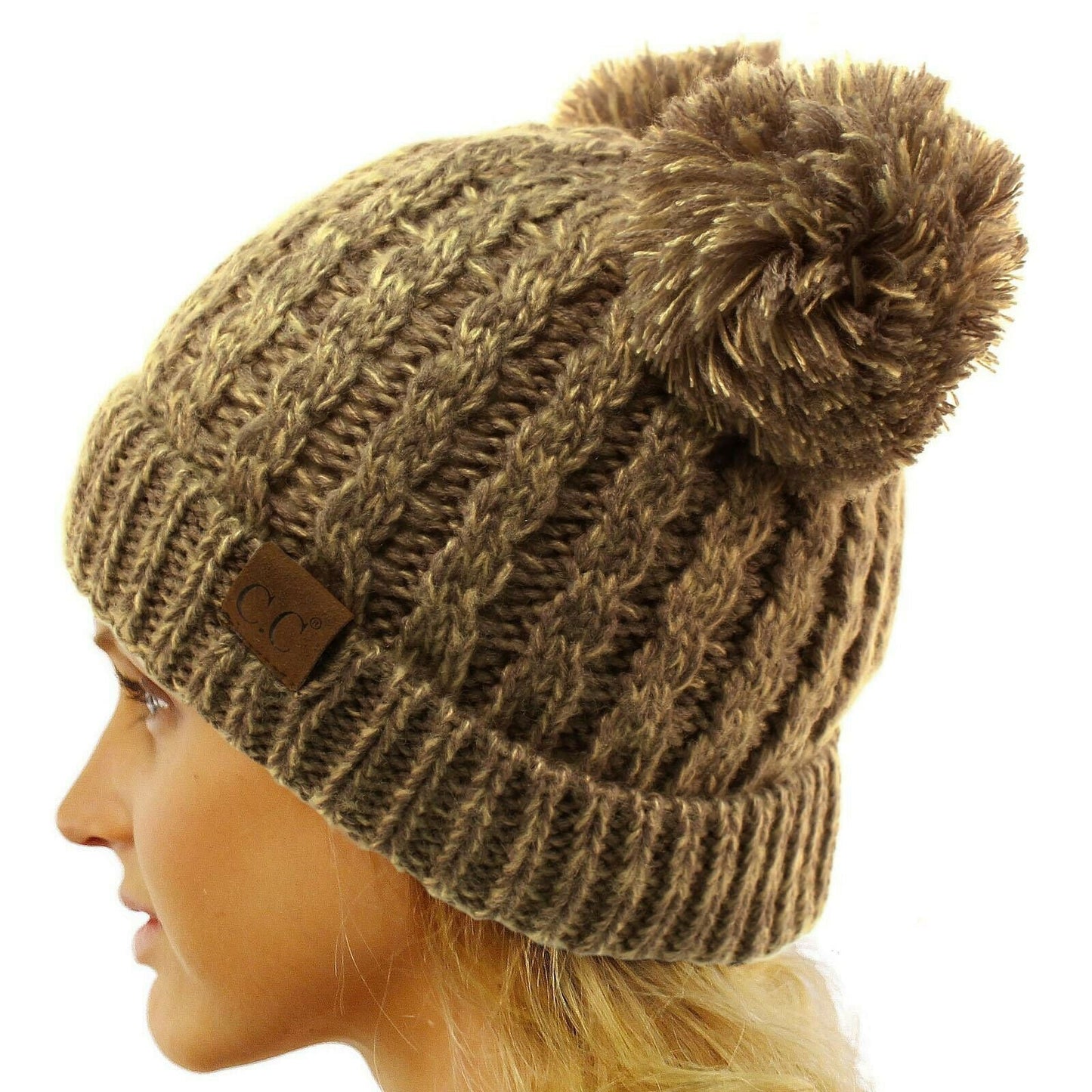 Winter Cute 2Pom Pom Ears 2tone Soft Warm Thick Chunky Knit Beanie Hat
