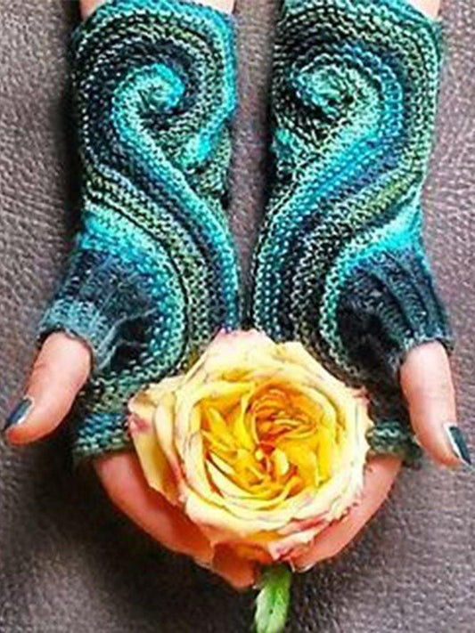 Women Fashion Paisley Green Gloves Polyester Fall Casual Warm Knitted Gloves